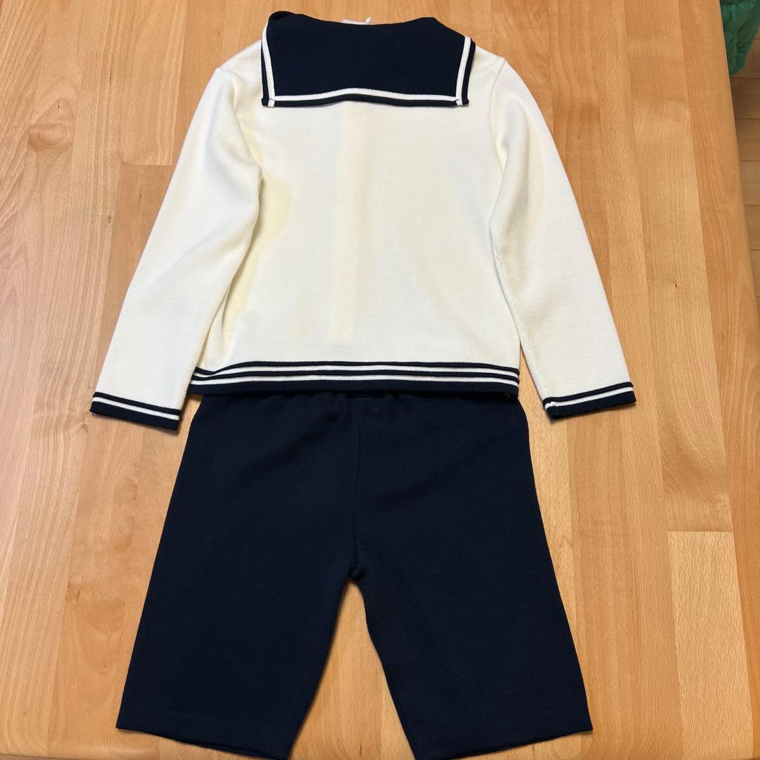 新品タグ付き　ミキハウス　定番の白×紺セーラーニットフォーマルセットアップ110