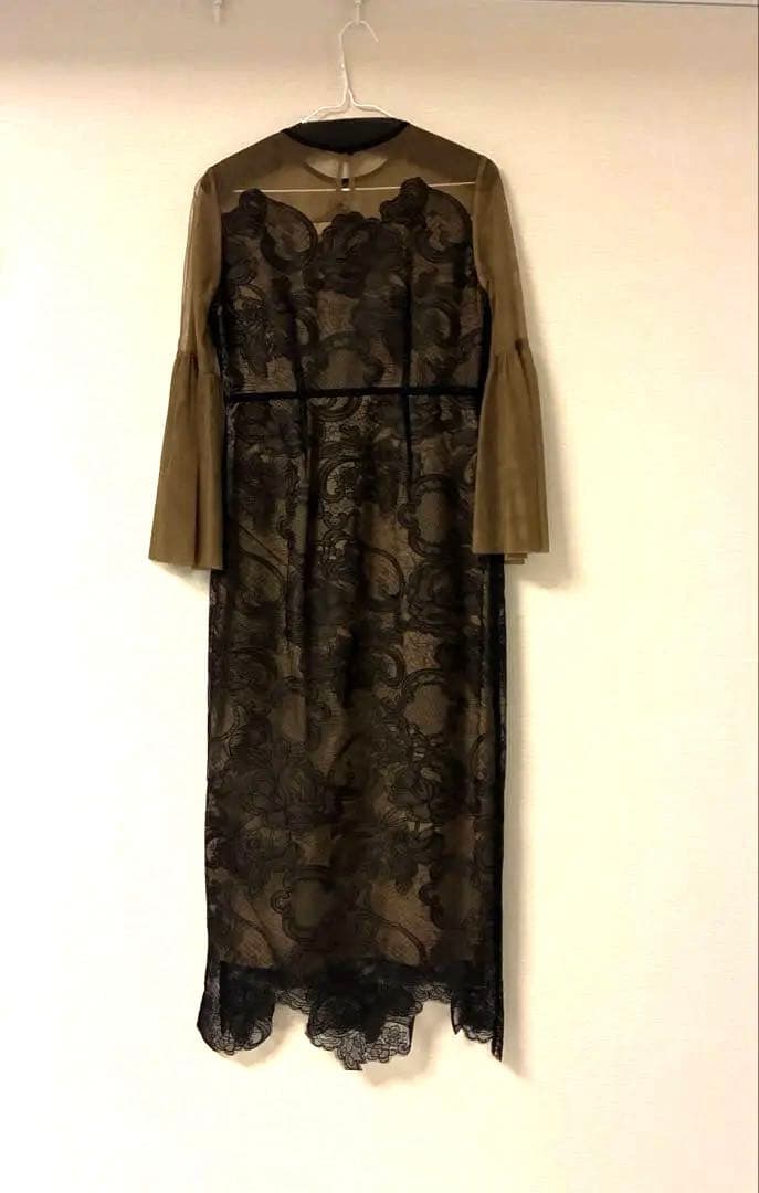 LEJA 異素材シアー刺繍レース透け感プリーツスリーブロング丈ドレスワンピースM