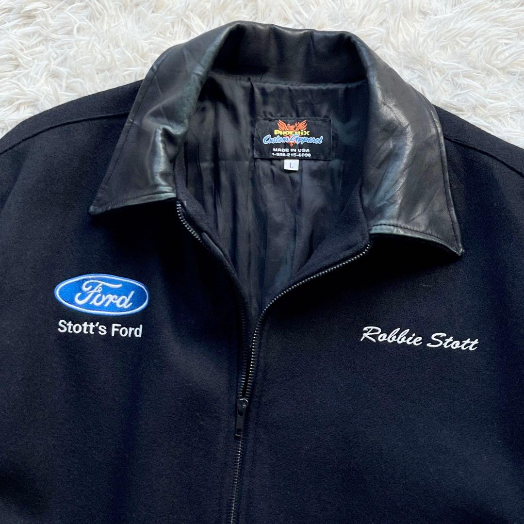 美品 USA製 90s-00s Lサイズ 袖レザー スタジャン 企業ロゴ刺繍 黒