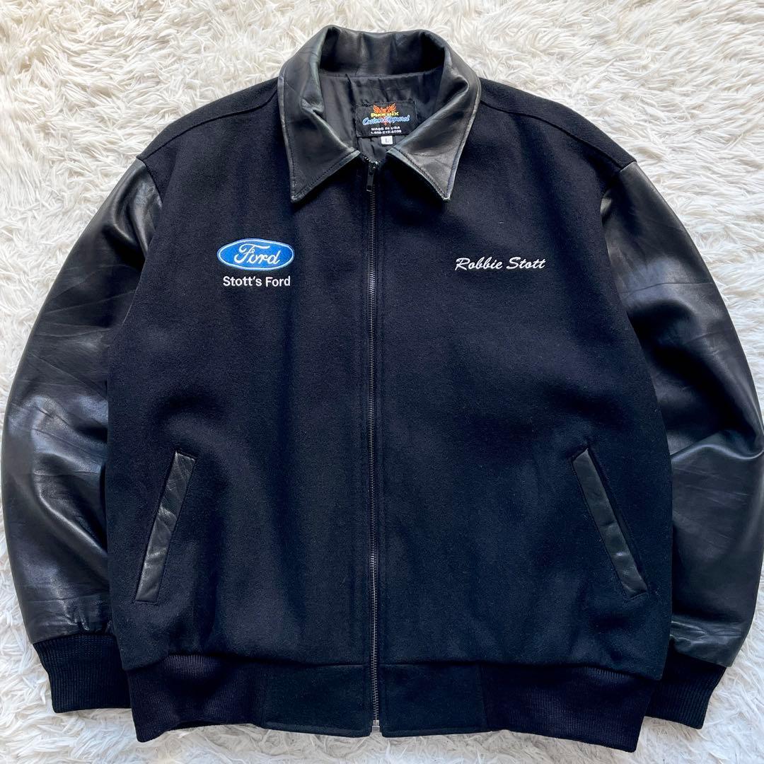 美品 USA製 90s-00s Lサイズ 袖レザー スタジャン 企業ロゴ刺繍 黒