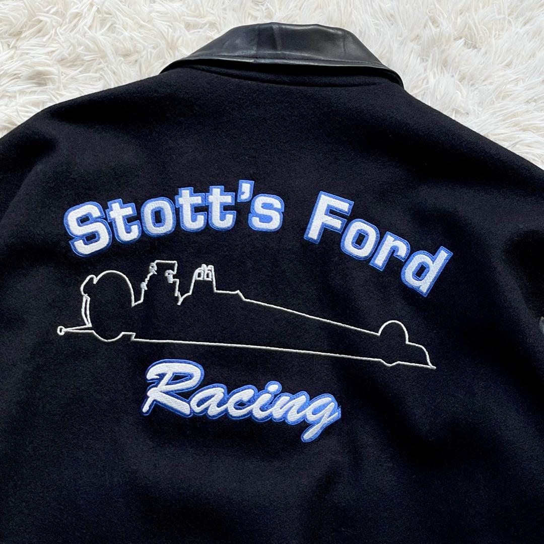 美品 USA製 90s-00s Lサイズ 袖レザー スタジャン 企業ロゴ刺繍 黒