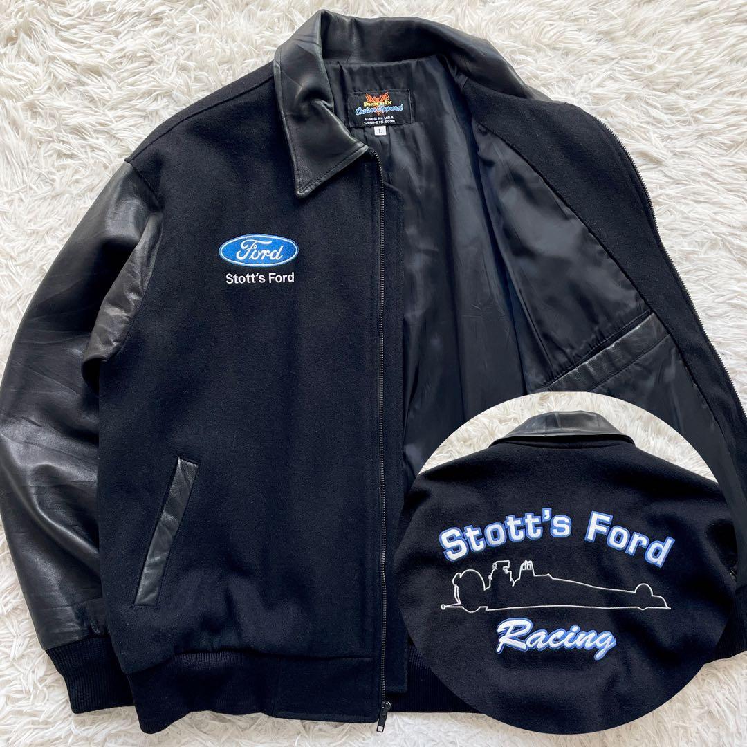 美品 USA製 90s-00s Lサイズ 袖レザー スタジャン 企業ロゴ刺繍 黒