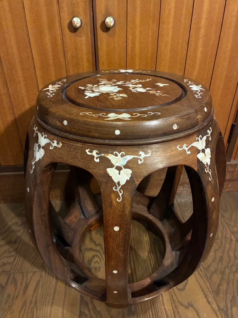 花梨 無垢 螺鈿細工 丸椅子 スツール 腰掛け 中国美術 工芸品