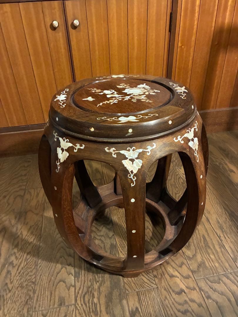 花梨 無垢 螺鈿細工 丸椅子 スツール 腰掛け 中国美術 工芸品