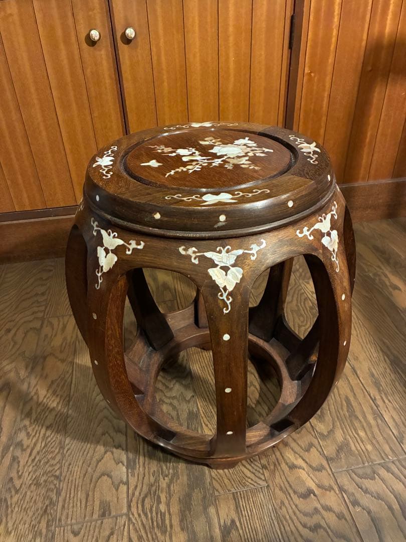 花梨 無垢 螺鈿細工 丸椅子 スツール 腰掛け 中国美術 工芸品