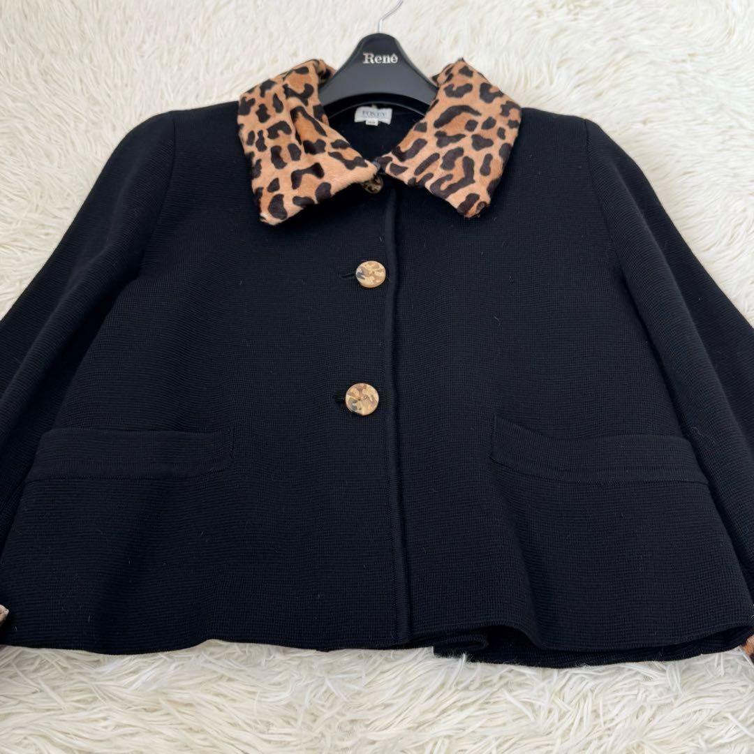 フォクシー レオパード付け襟 ニットカーディガン 38 ウール 毛皮 ブラック