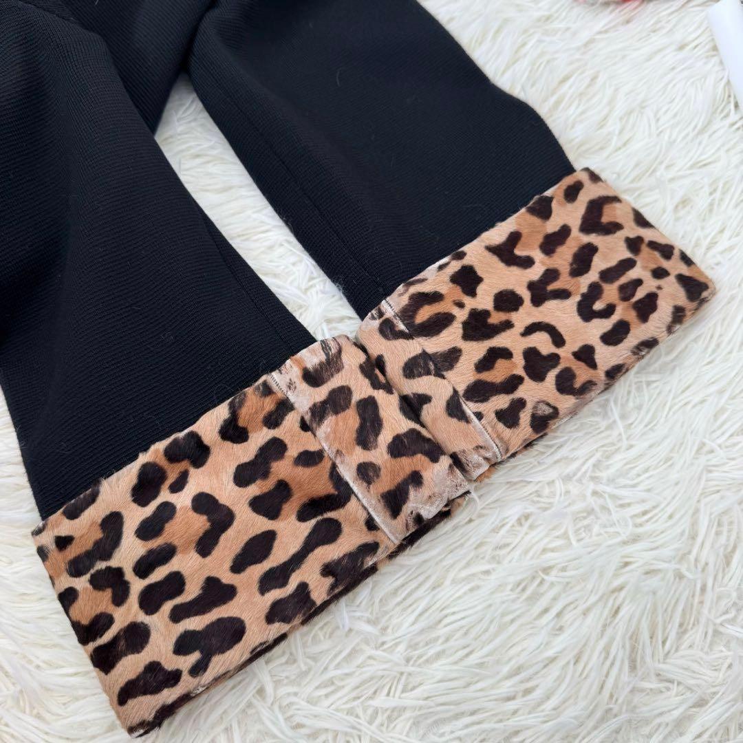 フォクシー レオパード付け襟 ニットカーディガン 38 ウール 毛皮 ブラック