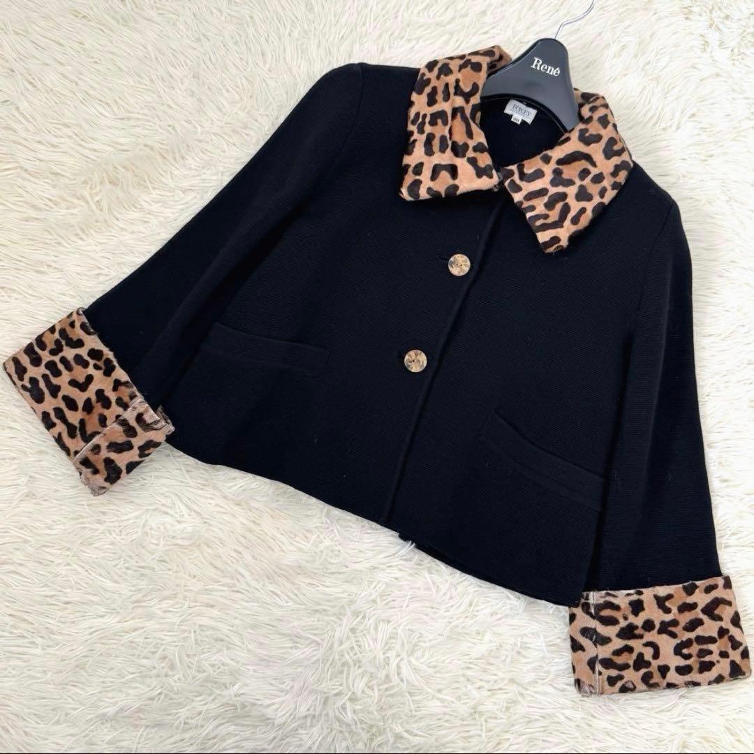 フォクシー レオパード付け襟 ニットカーディガン 38 ウール 毛皮 ブラック