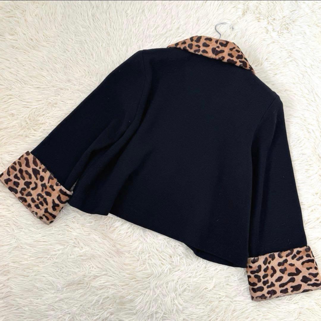 フォクシー レオパード付け襟 ニットカーディガン 38 ウール 毛皮 ブラック