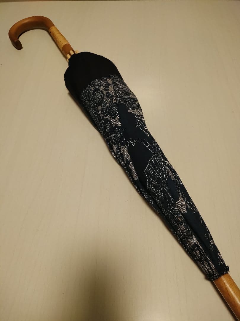 新品　藍染布地の日傘　麻　白木手元 　日本製　長傘　和傘