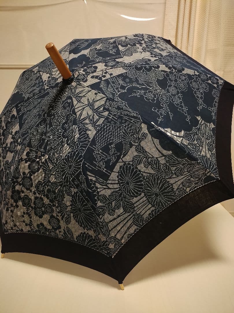 新品　藍染布地の日傘　麻　白木手元 　日本製　長傘　和傘