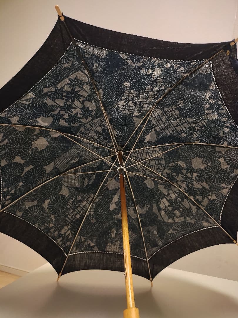 新品　藍染布地の日傘　麻　白木手元 　日本製　長傘　和傘