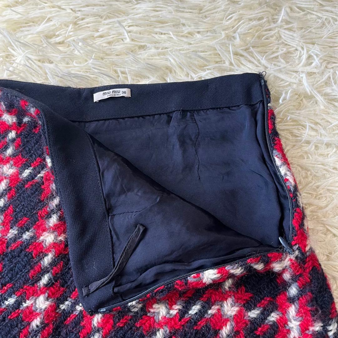 miumiu ミュウミュウ　チェック　ツイード　ニット　ミニ　スカート　36