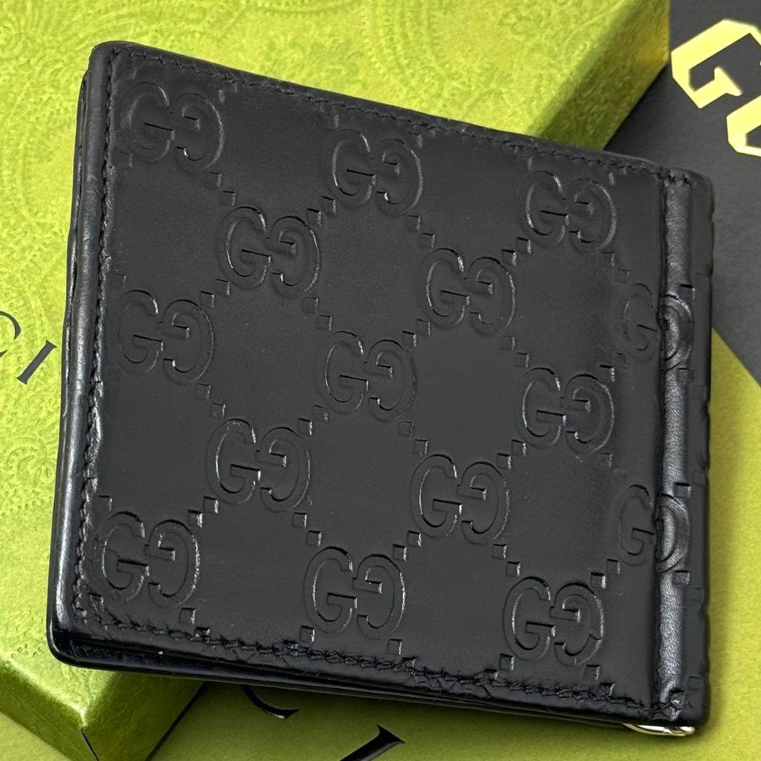 良品 グッチ シマ マネークリップ 財布 カード レザー 黒 ブラック GG