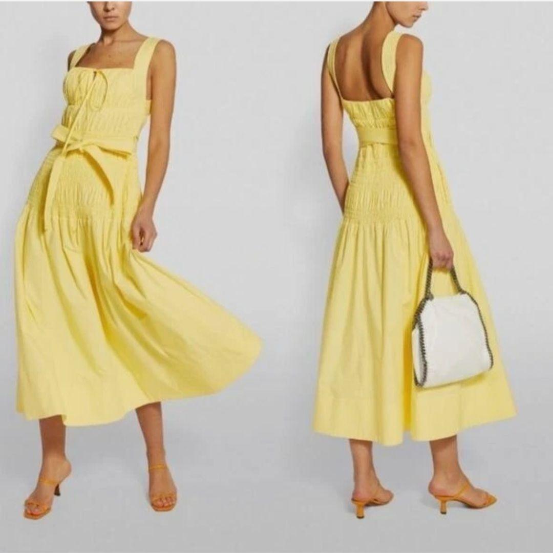 セルフポートレート ブライトイエロー ノースリーブ ミディドレス