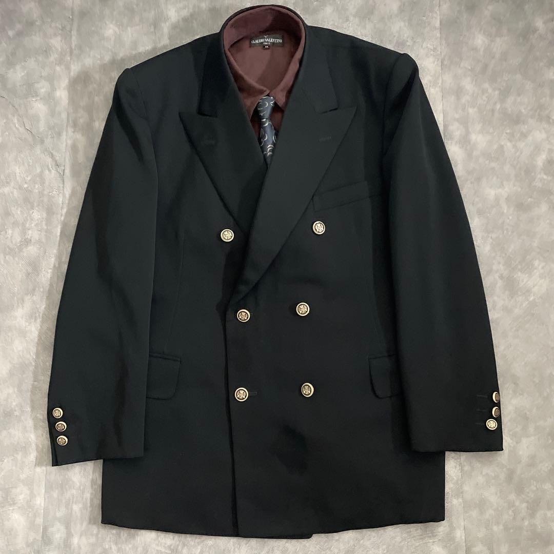 極上 漆黒ウール 黒金ボタン ダブルスーツ saint Laurentネクタイ