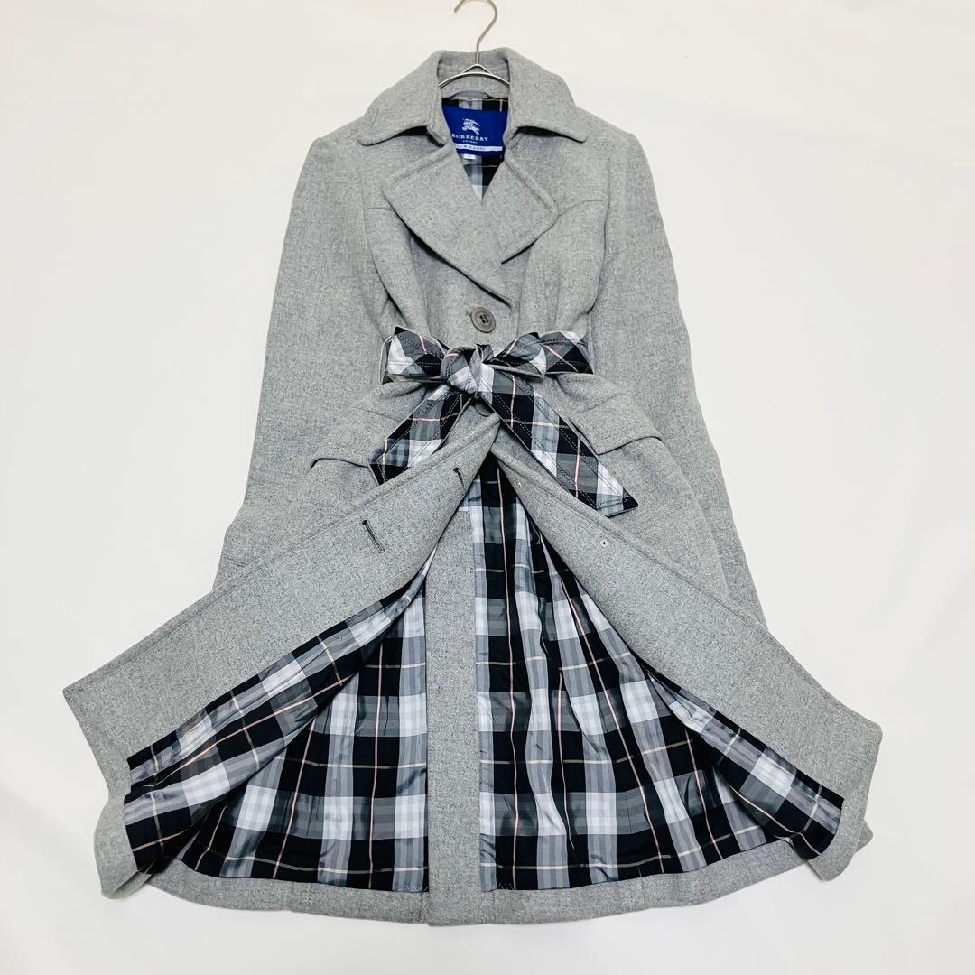 美品✨バーバリーブルーレーベル　ベルテッドコート　ロング　アンゴラ　チェック