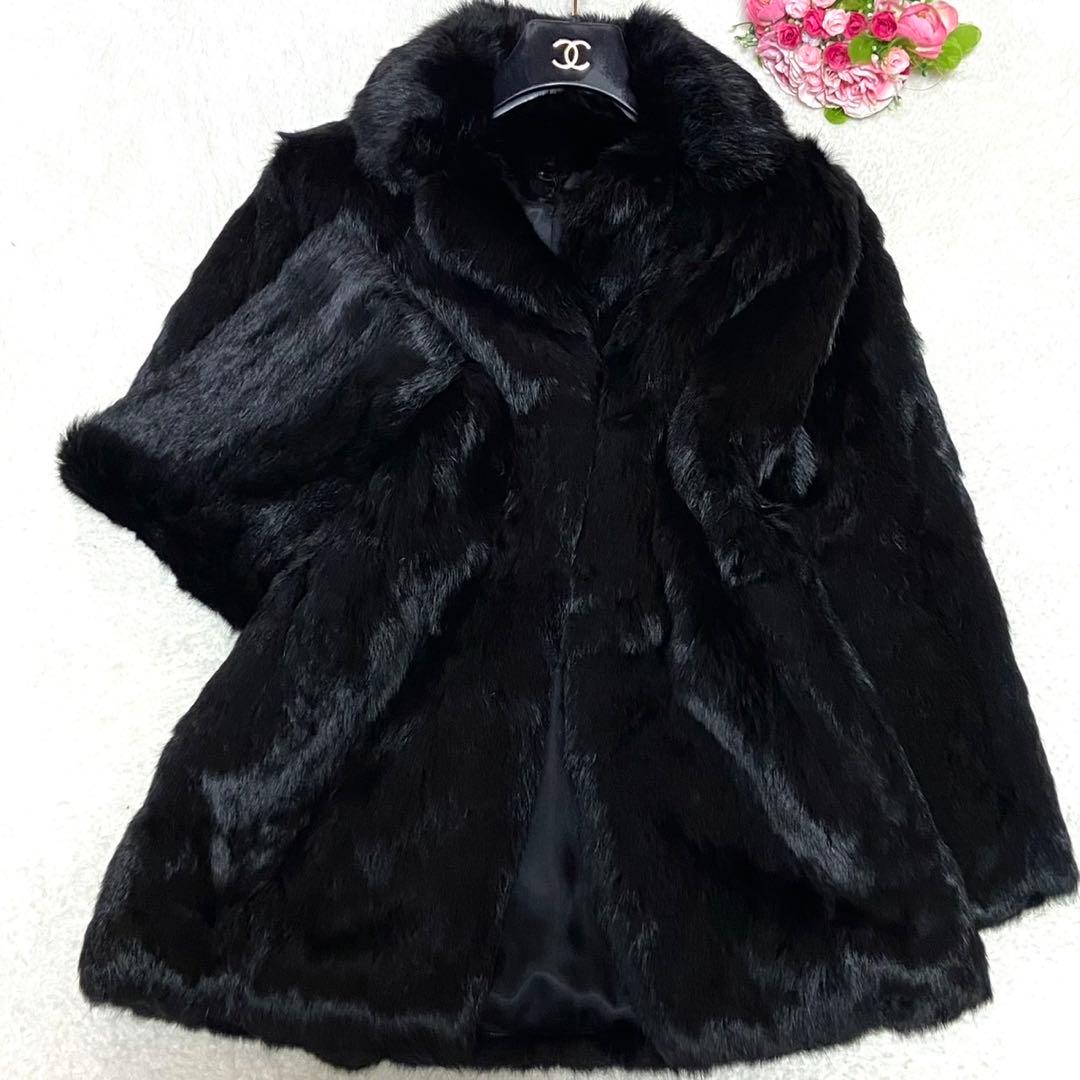 【美品】本毛皮 ラビットファー コート サイズM相当 ブラック