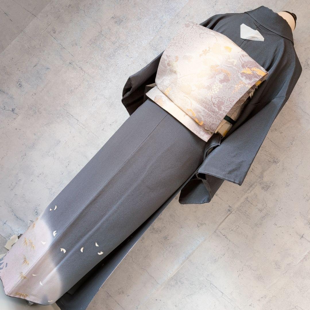 訪問着単品　着物　正絹　墨黒グレー　竹林　竹藪　クール　F1