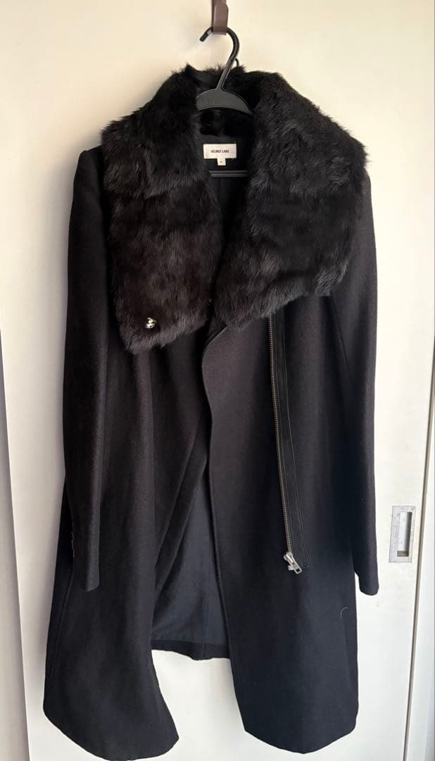 HELMUT LANG ヘルムートラングファーラムレザー付アシンメトリーコート