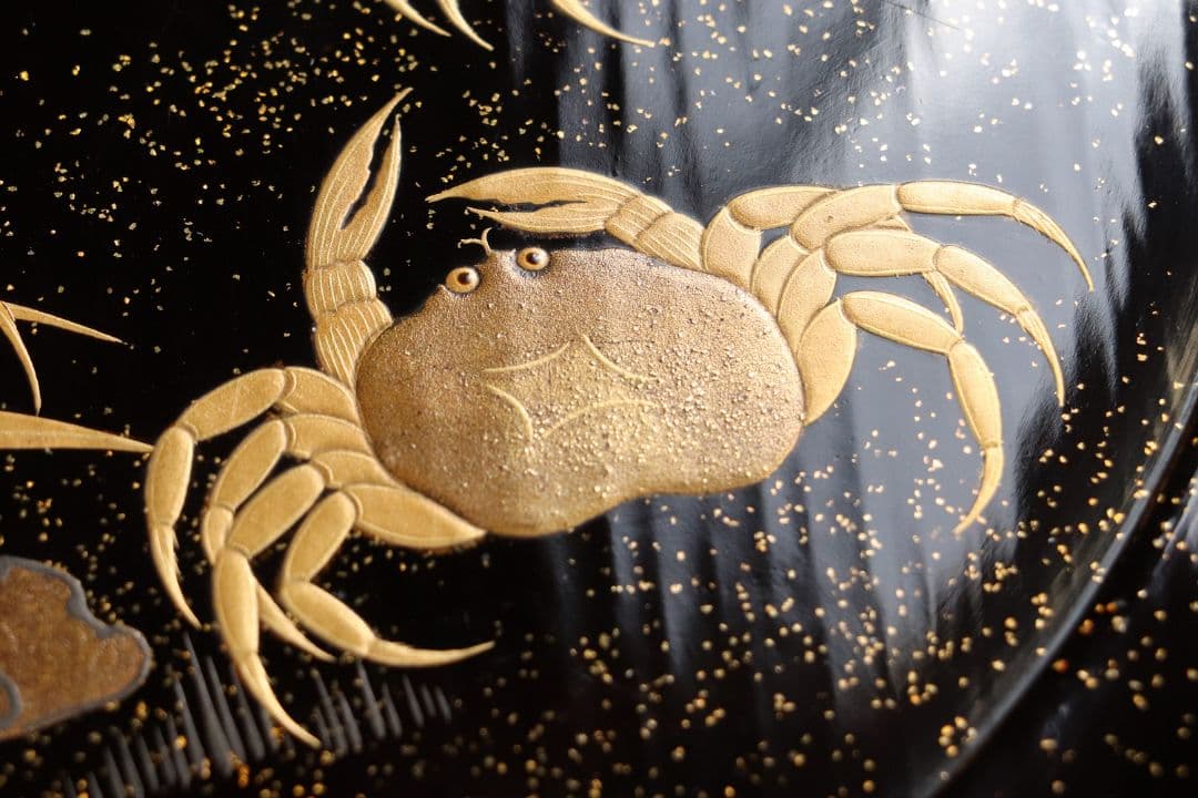 CK91 木製漆器 蟹蘆金蒔絵 黒塗 大徳寺盆 五客 24.5cm 木皿 菓子盆