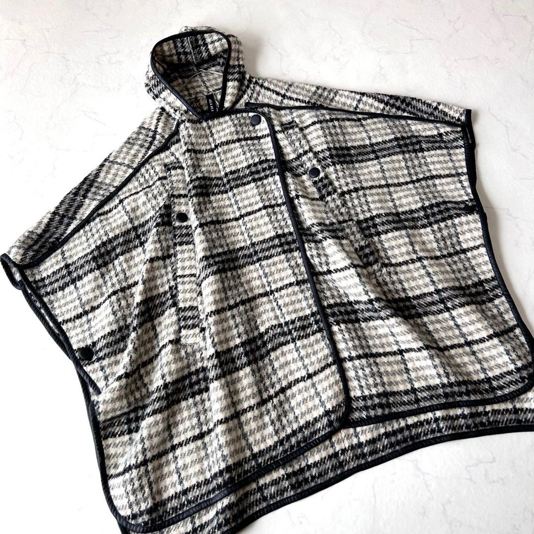 未使用級 アウラアイラ AULA AIL チェック ウール ロングポンチョコート