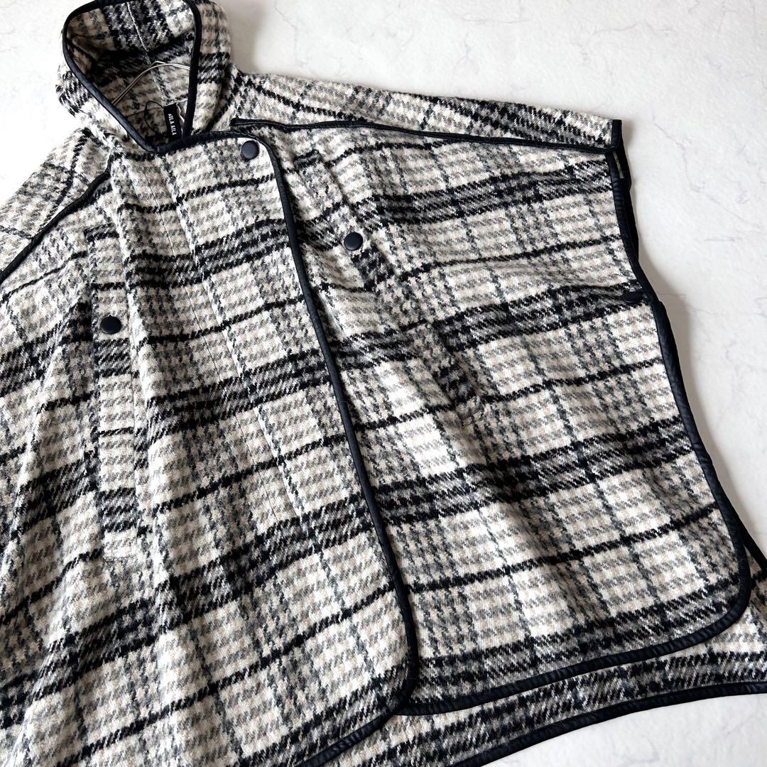 未使用級 アウラアイラ AULA AIL チェック ウール ロングポンチョコート