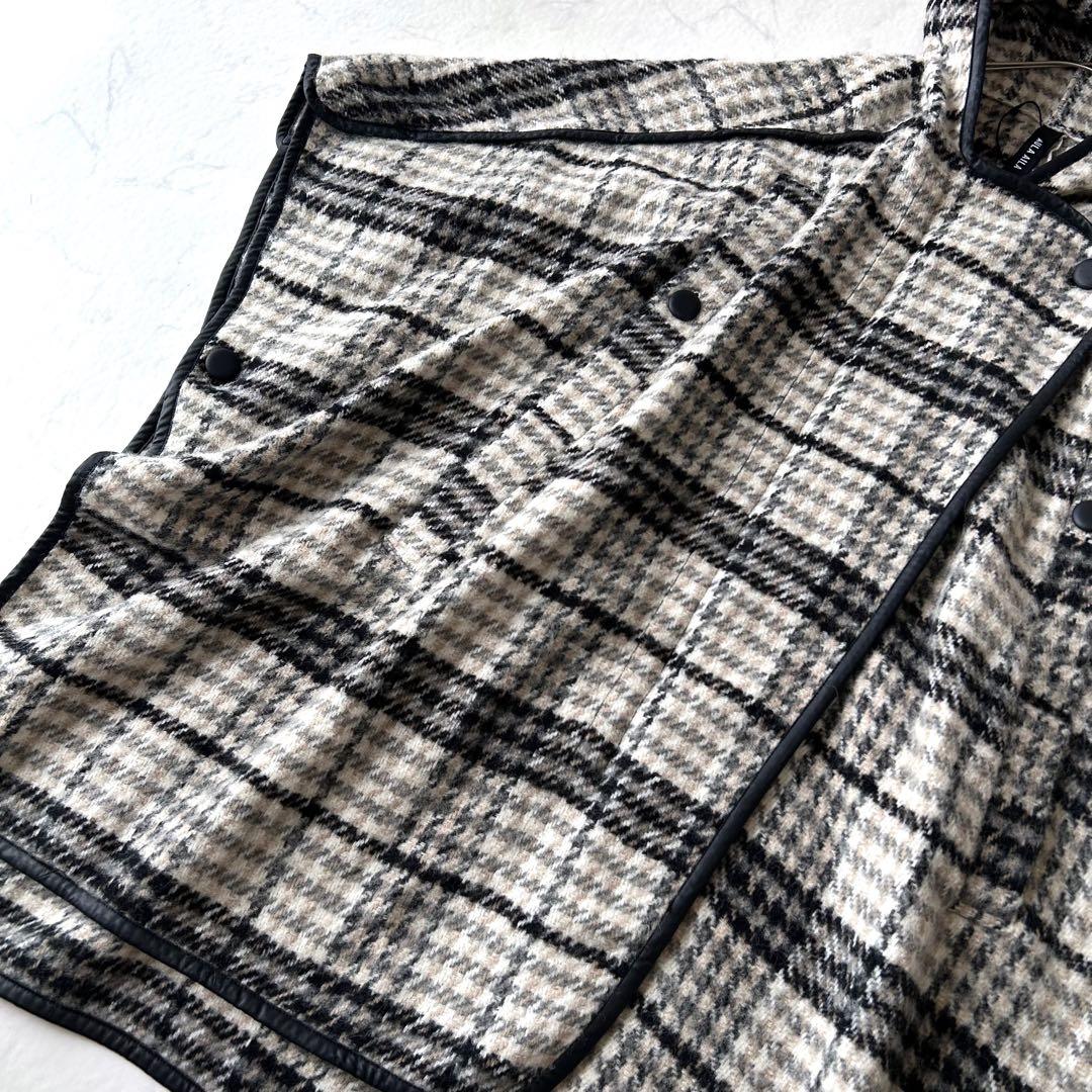 未使用級 アウラアイラ AULA AIL チェック ウール ロングポンチョコート