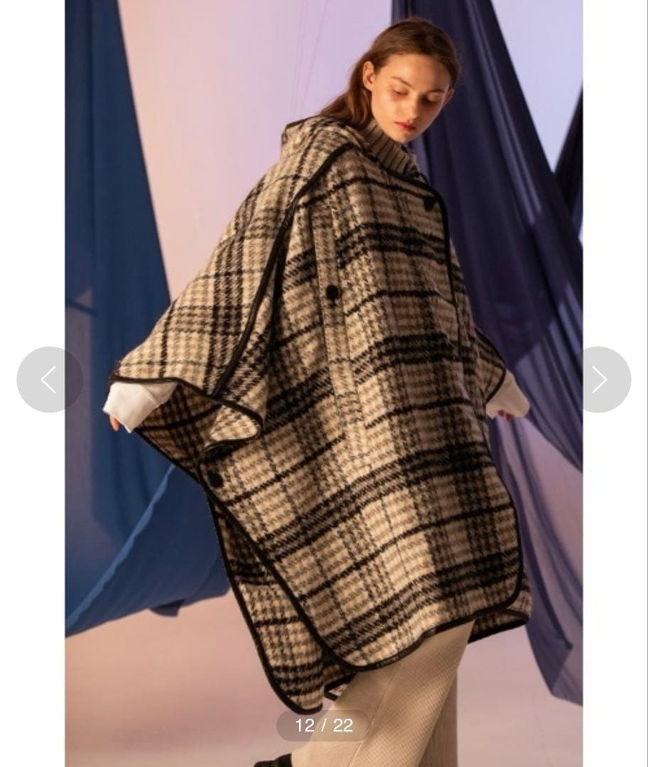 未使用級 アウラアイラ AULA AIL チェック ウール ロングポンチョコート