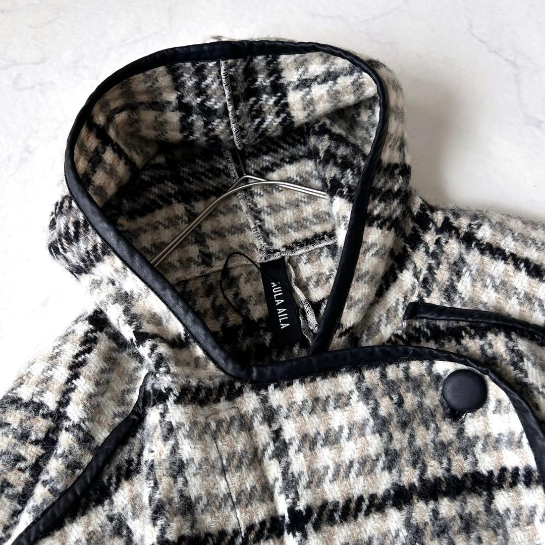 未使用級 アウラアイラ AULA AIL チェック ウール ロングポンチョコート