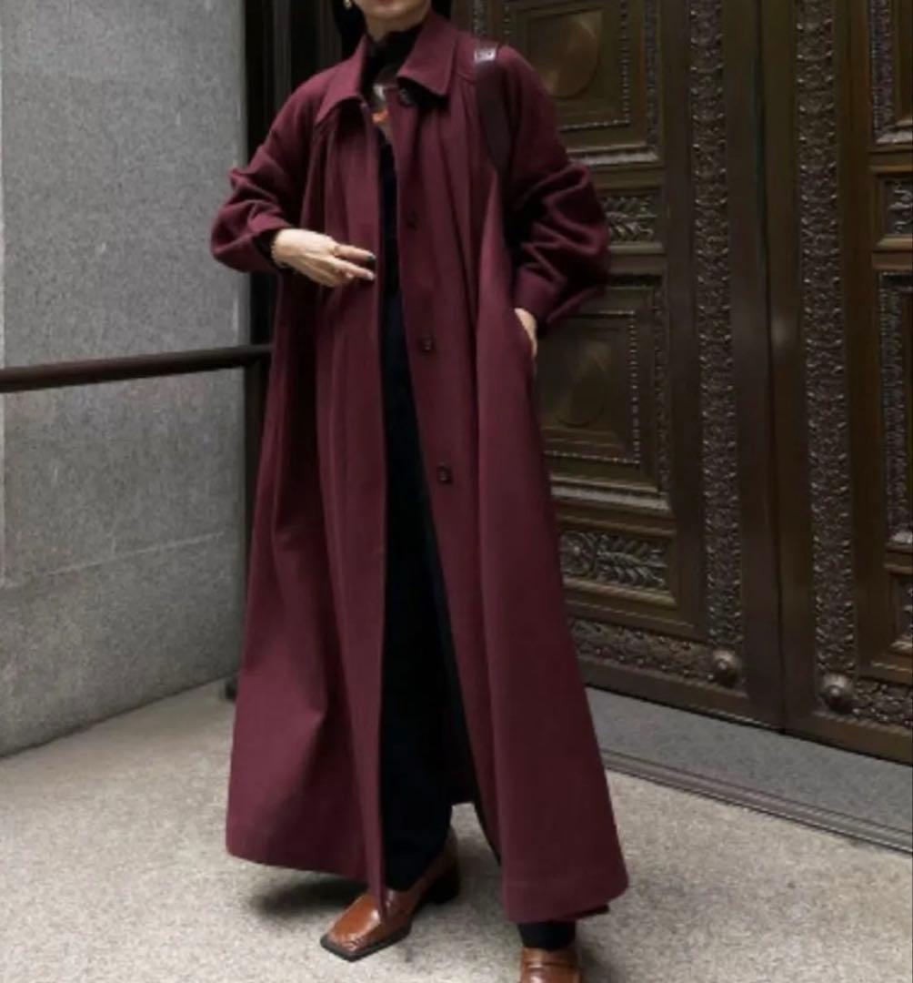 AMERI【フロントギャザーオープンスリーブコート ／バーガンディS】