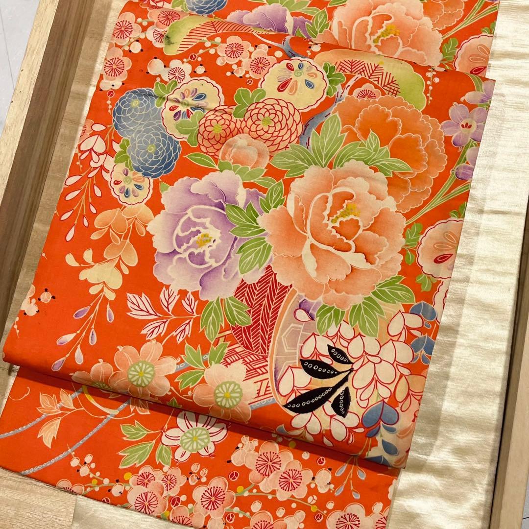 極美品◇白繻子 花車のアンティーク昼夜帯 鶴 松 デッドストック