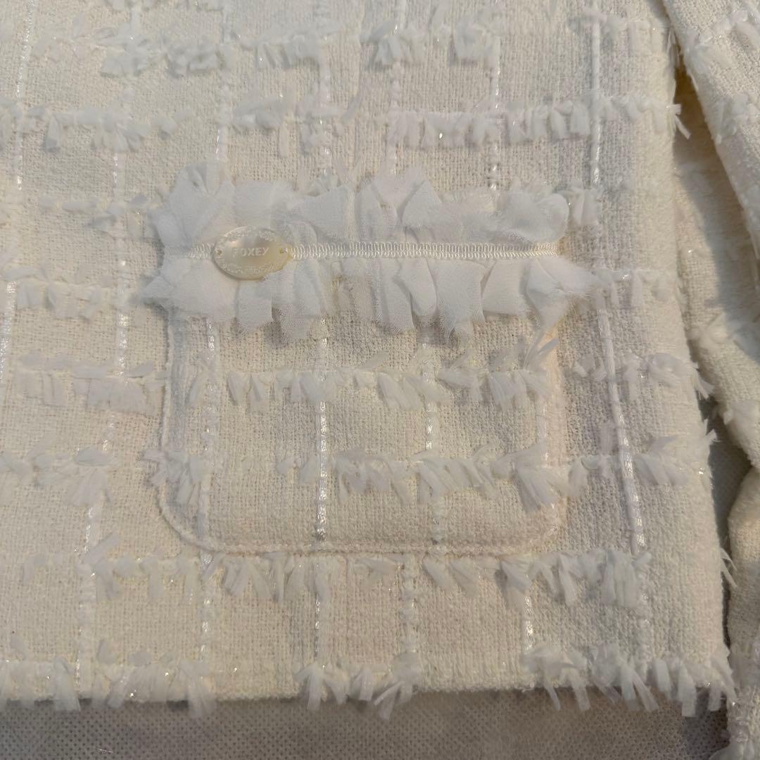 foxey フォクシー ノーカラージャケット 短丈 ホワイト38 M日本製