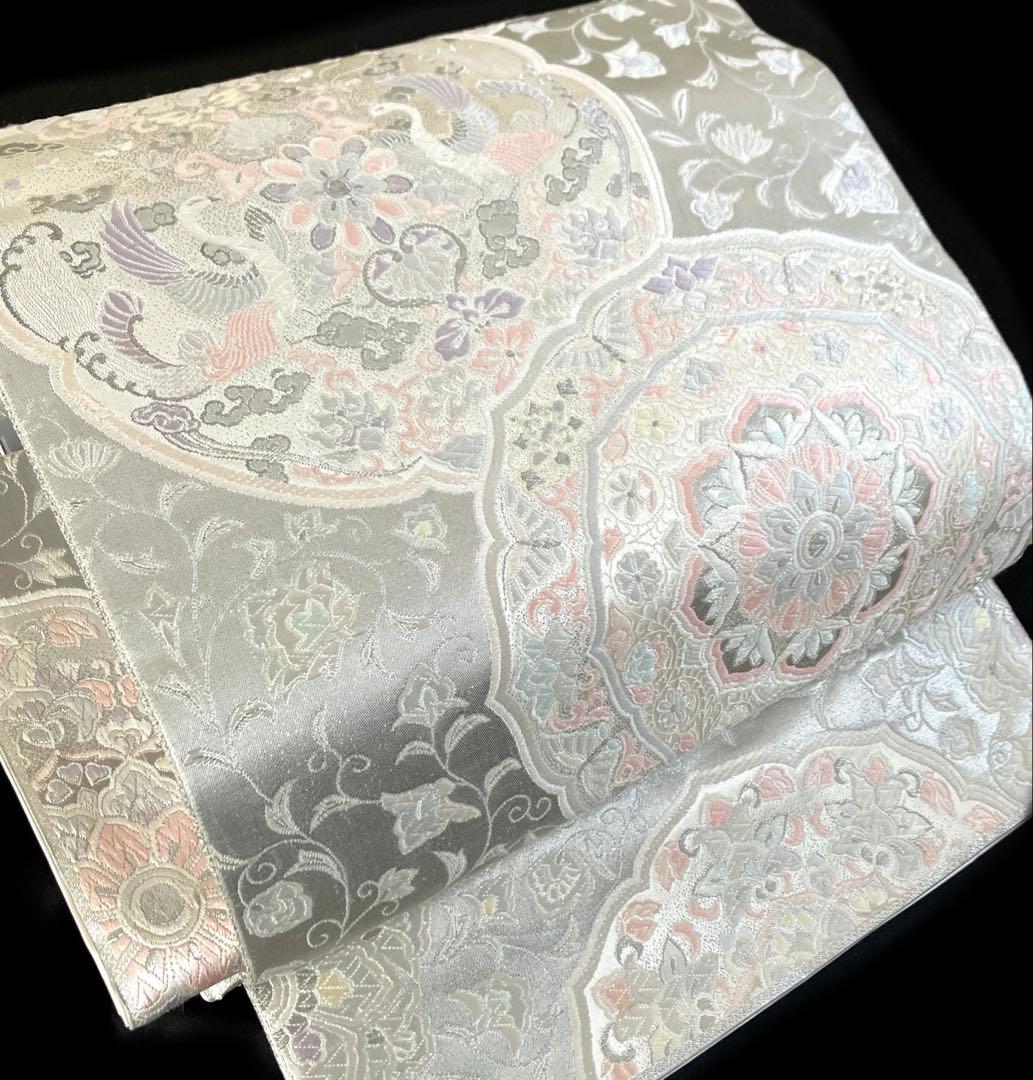 袋帯　ワンタッチ作り帯　マジックテープ　二重太鼓　プラチナ箔【法隆寺華文】付け帯