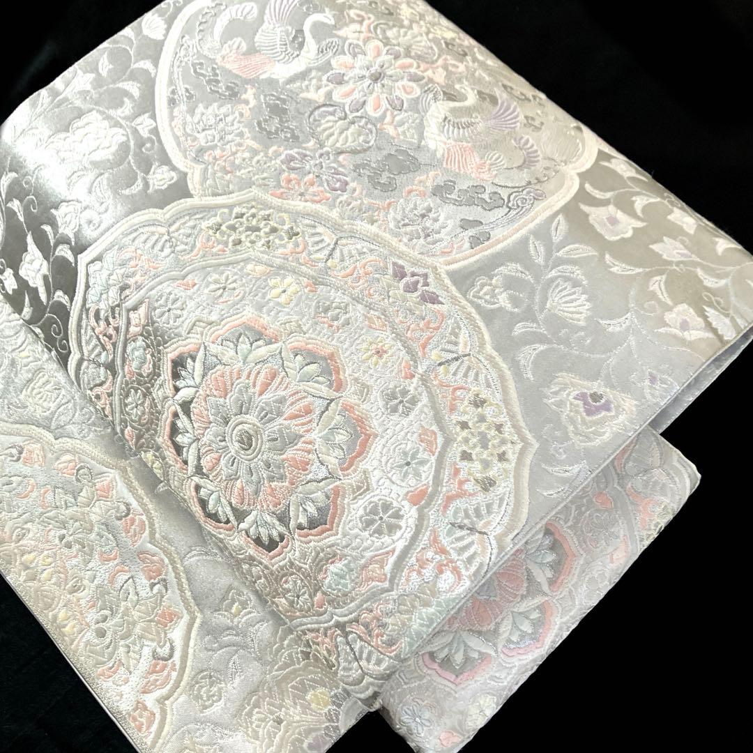 袋帯　ワンタッチ作り帯　マジックテープ　二重太鼓　プラチナ箔【法隆寺華文】付け帯