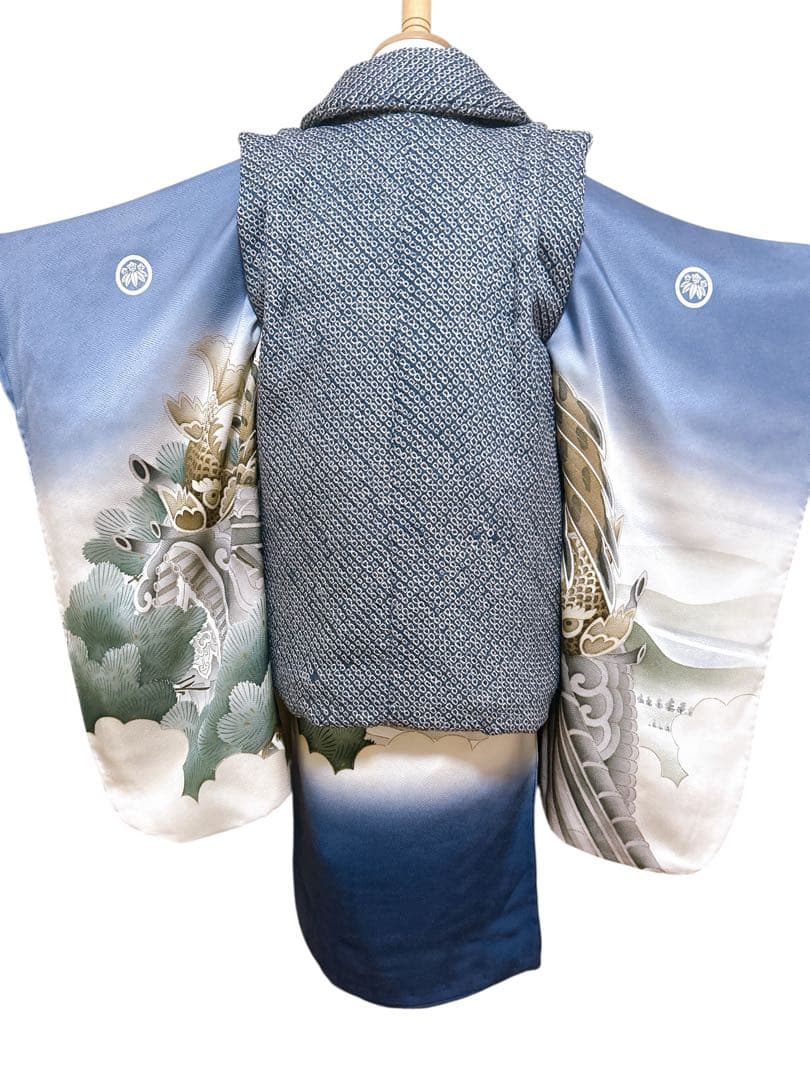 人気の総絞り被布♡七五三　3歳　男の子　フルセット　一式　青系　鷹　正絹