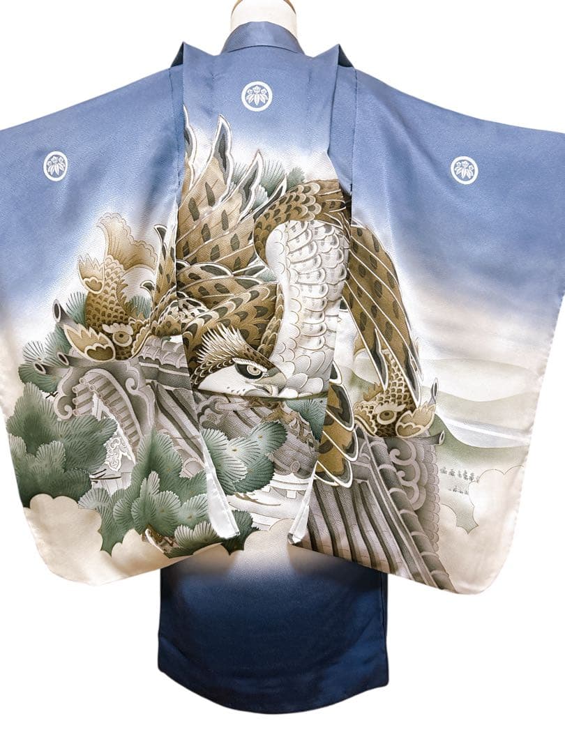 人気の総絞り被布♡七五三　3歳　男の子　フルセット　一式　青系　鷹　正絹