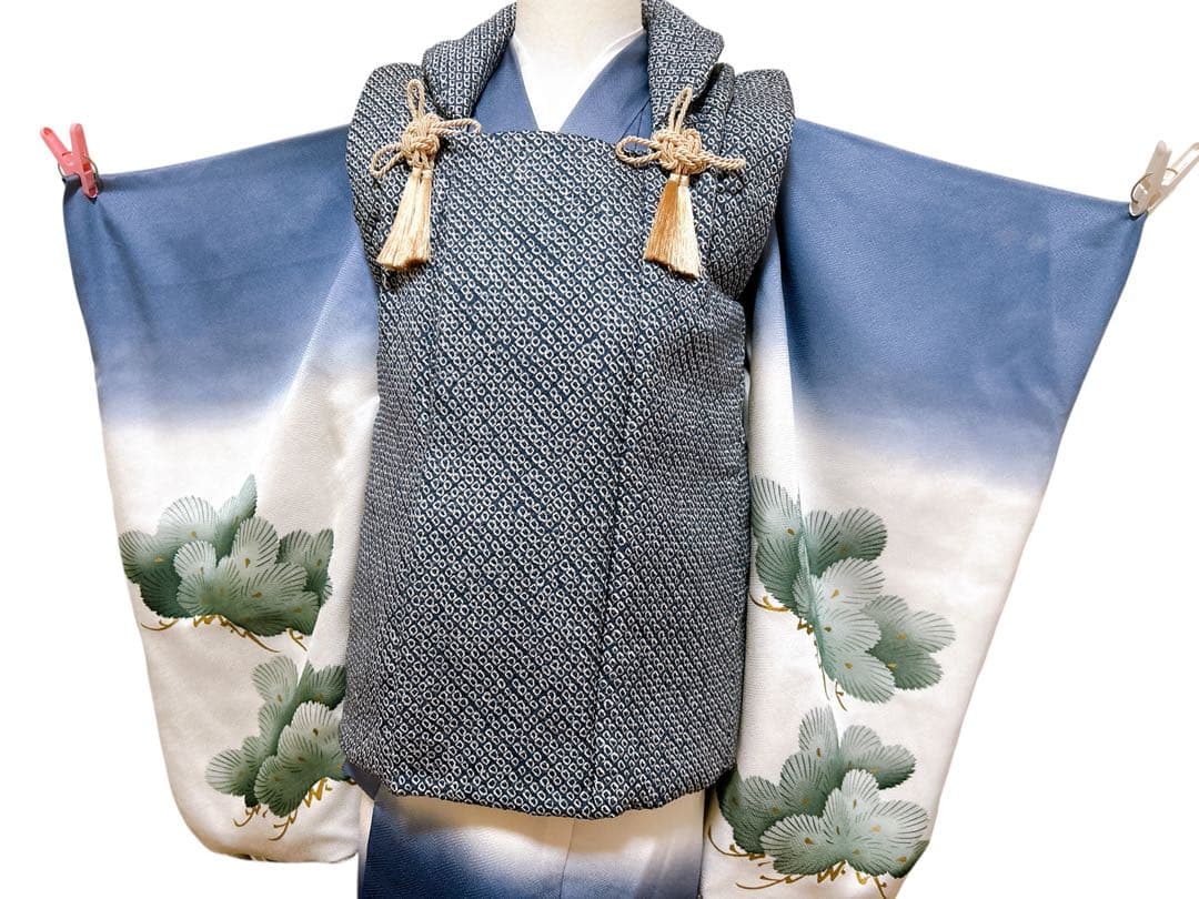 人気の総絞り被布♡七五三　3歳　男の子　フルセット　一式　青系　鷹　正絹