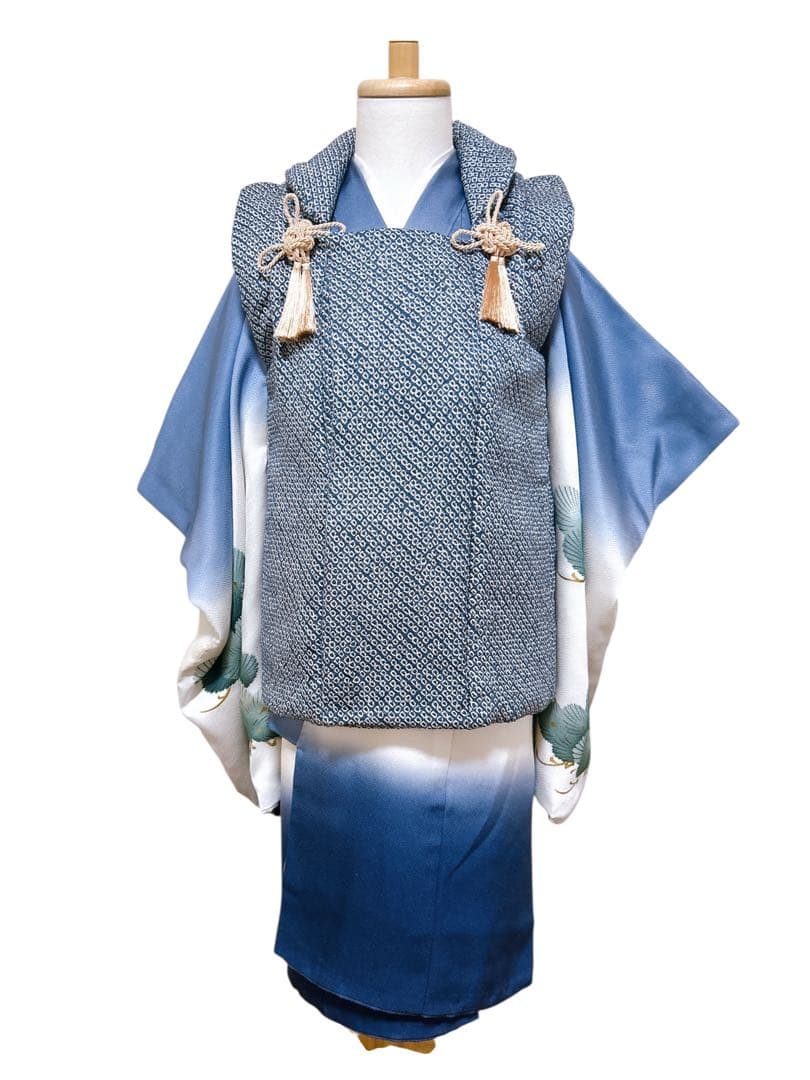 人気の総絞り被布♡七五三　3歳　男の子　フルセット　一式　青系　鷹　正絹