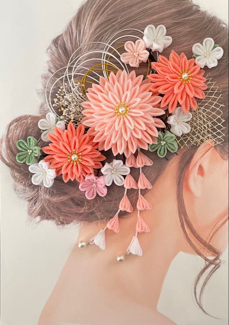 【めぐりんこ】つまみ細工　髪飾り✴︎結✴︎赤オレンジベージュNo.470再販2