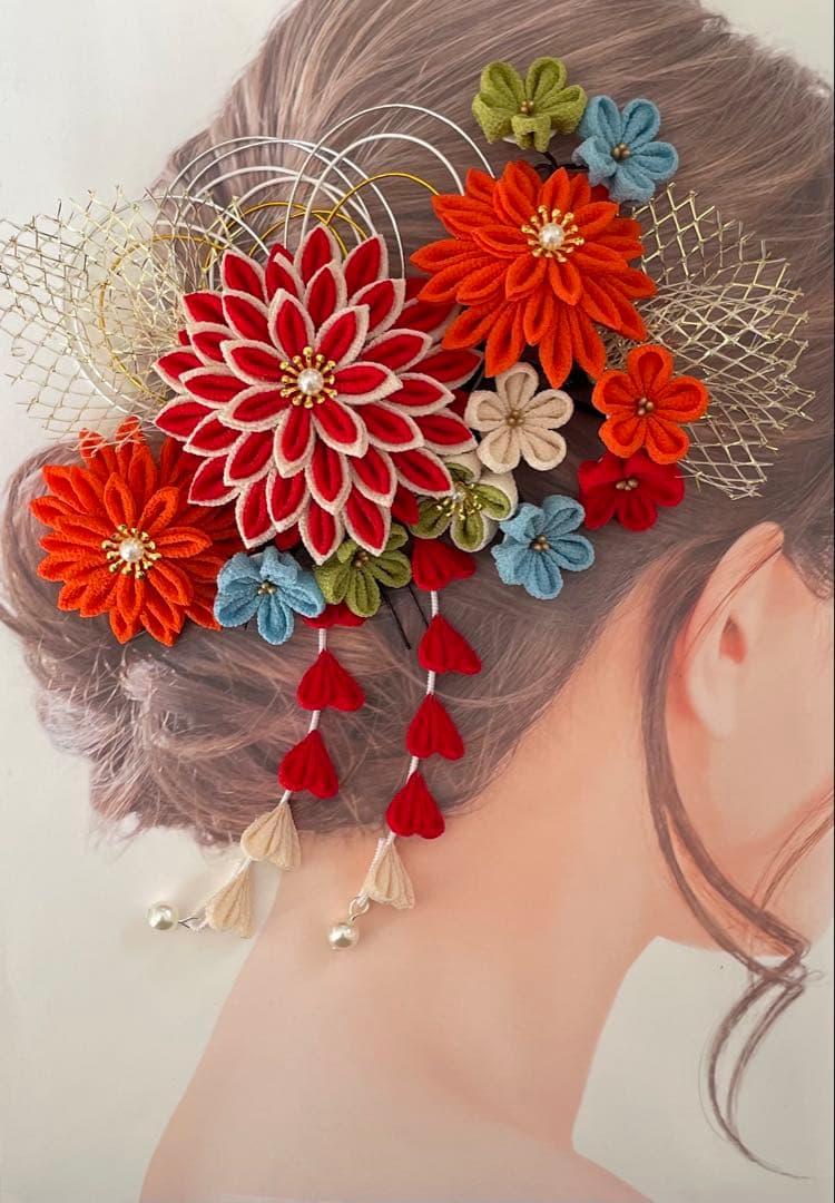 【めぐりんこ】つまみ細工　髪飾り✴︎結✴︎赤オレンジベージュNo.470再販2