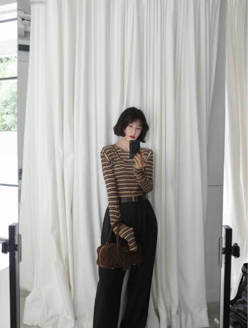 clane LAYERED SHOULDER CUT TOPS 1 ボーダー