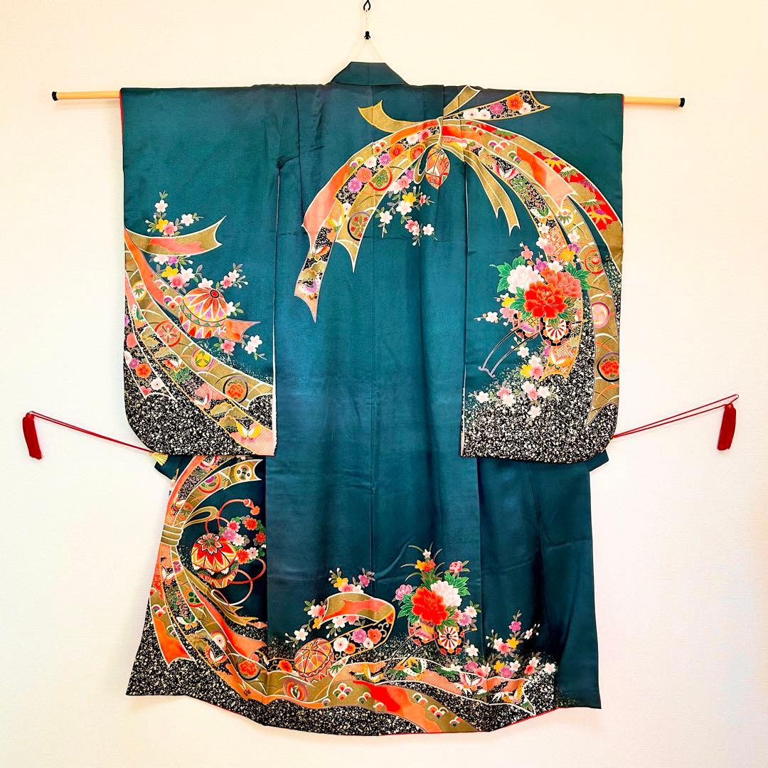 七五三　着物　7歳　女の子　13点セット　深緑　束ね熨斗　花車　四季草花　金彩