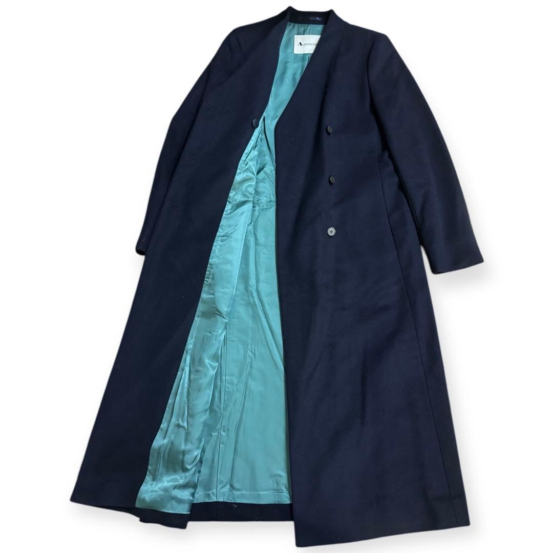 美品 Aquasqutam 比翼ウールロングコート Vネック ネイビー Mサイズ