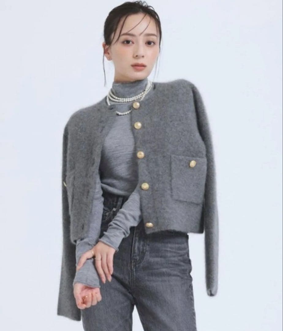 anuans ラクーンブレンドノーカラーニットジャケット グレー