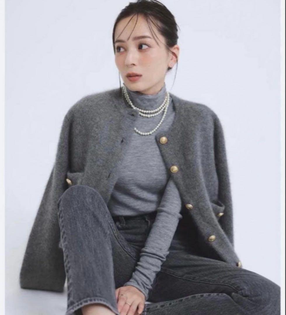 anuans ラクーンブレンドノーカラーニットジャケット グレー