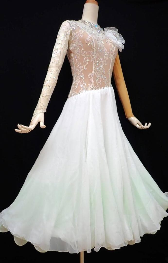 6360★タカダンス★オフ白×黄緑/レース/スタンダードドレス☆社交ダンス