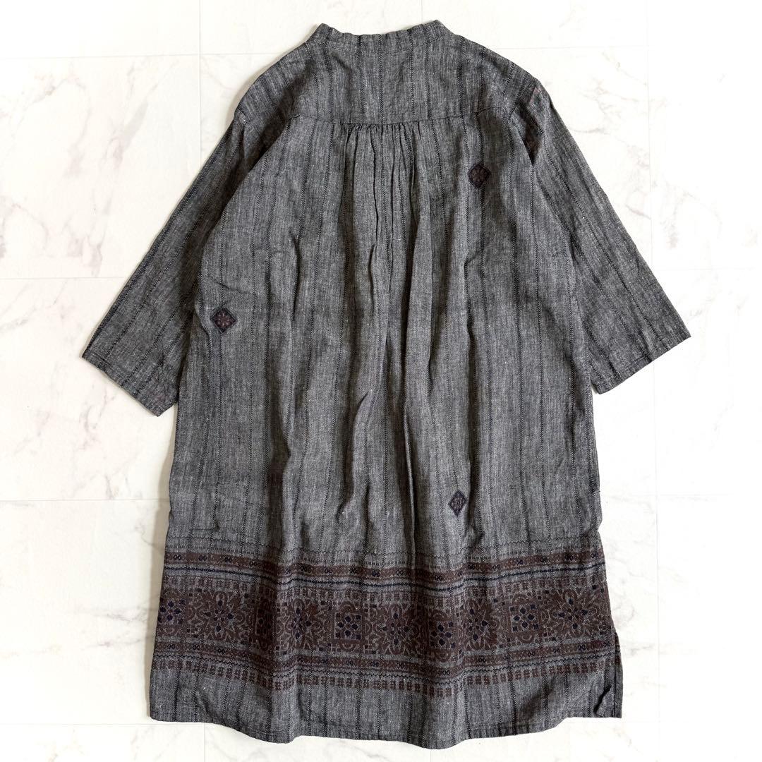 フォロー割☆プランテーション コットンリネン刺繍チュニックワンピース 七分袖