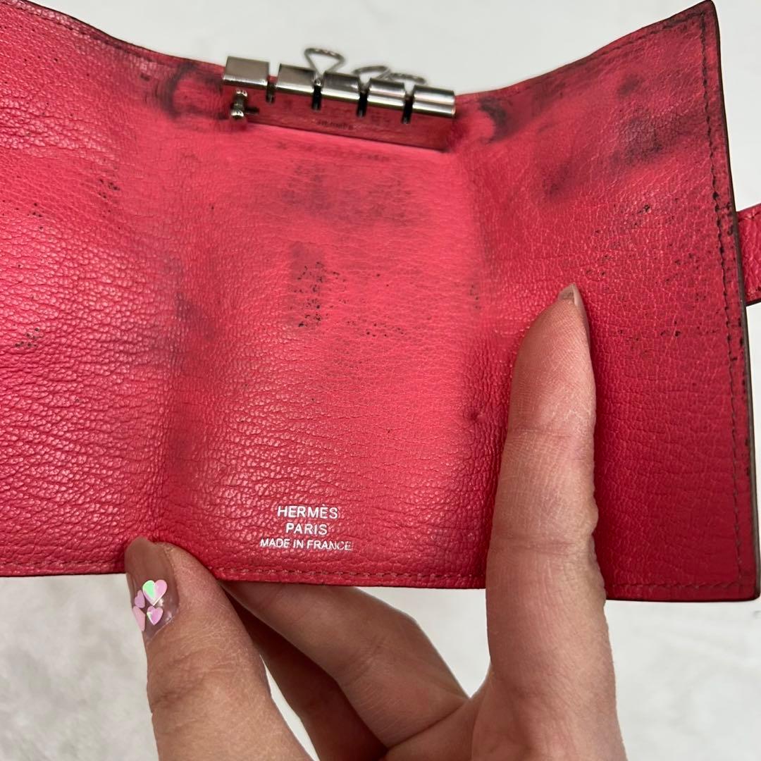 E518 箱付き エルメス ベアン レザー ピンク キーケース レディース