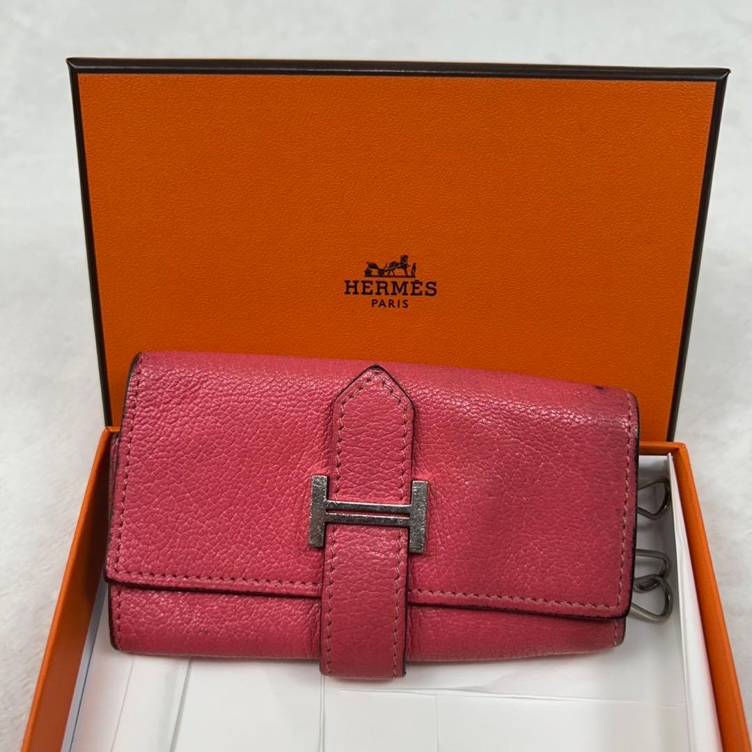 E518 箱付き エルメス ベアン レザー ピンク キーケース レディース
